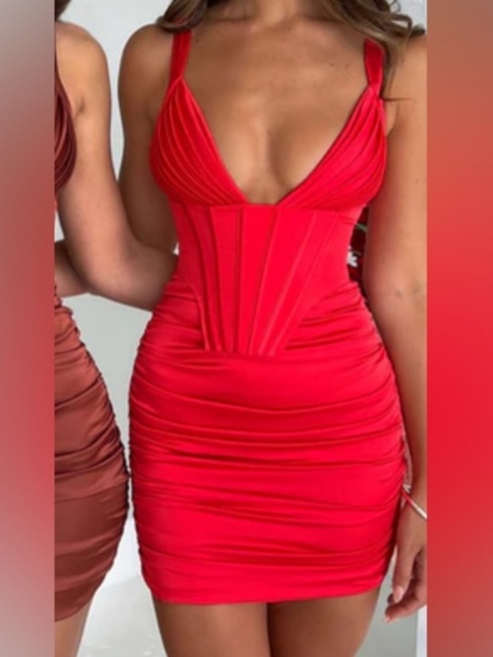 Babyboo Red Ruched Corset Mini Dress with Plunging V-Neck